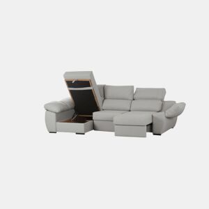 Sofá-cama com chaise longue, cor cinza claro, lado esquerdo.