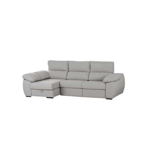 Sofá-cama com chaise longue, cor cinza claro, lado esquerdo.