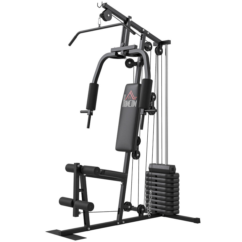 Homcom multiestación musculación, máquina de musculación con prensa de pecho, placas de peso de 45 kg, curl de piernas y polea mariposa, carga 100 kg, para entrenamiento casa gimnasio, negro
