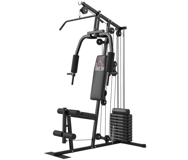 Homcom multiestación musculación, máquina de musculación con prensa de pecho, placas de peso de 45 kg, curl de piernas y polea mariposa, carga 100 kg, para entrenamiento casa gimnasio, negro