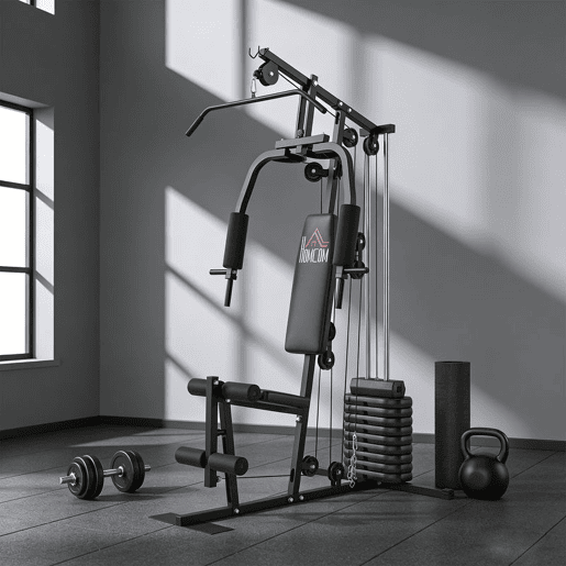 HOMCOM Multiestação de Musculação, Máquina de Musculação com Press de Peito, Pesos de 45 kg, Curl de Pernas e Polia Borboleta, Carga 100 kg, para Treino em Casa, Preto
