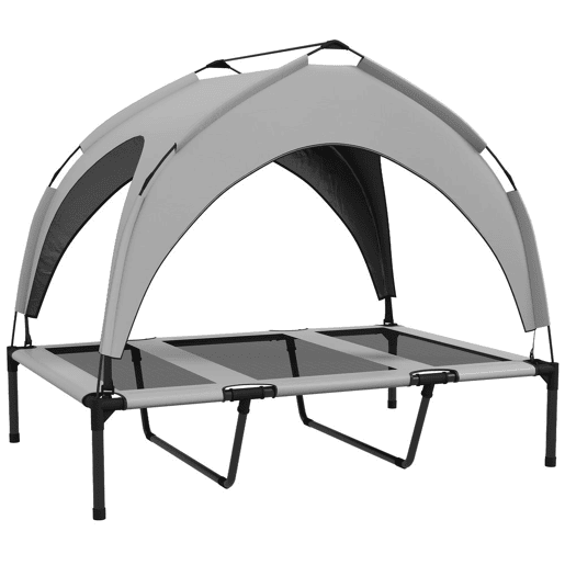PawHut Cama Elevada para Cães com Toldo Cama para Cães Grandes Refrescante e Respirável 106x76x94 cm com Estrutura de Aço e Bolsa de Transporte para Interior e Exterior Cinzento Claro