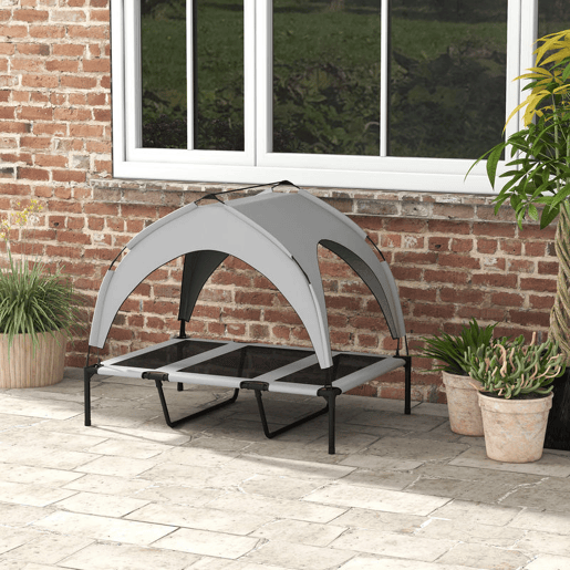 PawHut Cama Elevada para Cães com Toldo Cama para Cães Grandes Refrescante e Respirável 106x76x94 cm com Estrutura de Aço e Bolsa de Transporte para Interior e Exterior Cinzento Claro