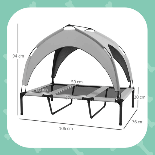 PawHut Cama Elevada para Cães com Toldo Cama para Cães Grandes Refrescante e Respirável 106x76x94 cm com Estrutura de Aço e Bolsa de Transporte para Interior e Exterior Cinzento Claro
