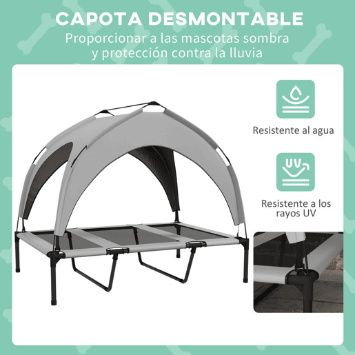 PawHut Cama Elevada para Cães com Toldo Cama para Cães Grandes Refrescante e Respirável 106x76x94 cm com Estrutura de Aço e Bolsa de Transporte para Interior e Exterior Cinzento Claro