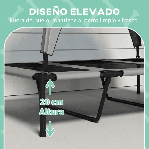 PawHut Cama Elevada para Cães com Toldo Cama para Cães Grandes Refrescante e Respirável 106x76x94 cm com Estrutura de Aço e Bolsa de Transporte para Interior e Exterior Cinzento Claro