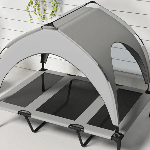PawHut Cama Elevada para Cães com Toldo Cama para Cães Grandes Refrescante e Respirável 106x76x94 cm com Estrutura de Aço e Bolsa de Transporte para Interior e Exterior Cinzento Claro