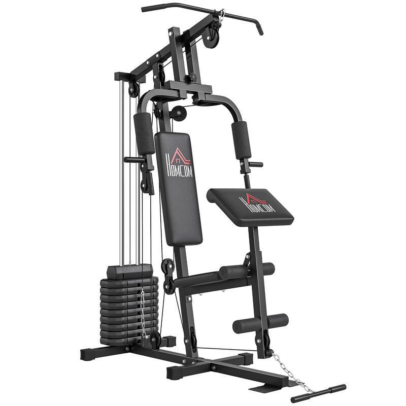 Homcom multiestación musculación, máquina de musculación con prensa de pecho, placas de peso de 45 kg, curl de piernas y brazos, polea mariposa, carga 100 kg, para entrenamiento casa gimnasio, negro