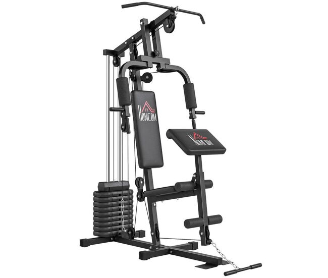 Homcom multiestación musculación, máquina de musculación con prensa de pecho, placas de peso de 45 kg, curl de piernas y brazos, polea mariposa, carga 100 kg, para entrenamiento casa gimnasio, negro