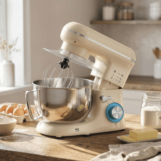 HOMCOM Batedeira Planetária 4,5L, Batedeira de Pão 1300W, 6 Velocidades, Taça de Aço Inoxidável, Batedor, Gancho, Varas, Protetor Antissalpicos, Bege