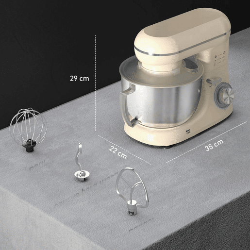 HOMCOM Batedeira Planetária 4,5L, Batedeira de Pão 1300W, 6 Velocidades, Taça de Aço Inoxidável, Batedor, Gancho, Varas, Protetor Antissalpicos, Bege