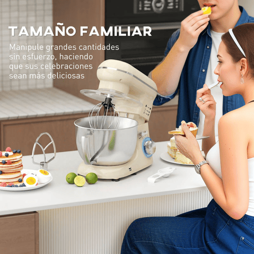 HOMCOM Batedeira Planetária 4,5L, Batedeira de Pão 1300W, 6 Velocidades, Taça de Aço Inoxidável, Batedor, Gancho, Varas, Protetor Antissalpicos, Bege