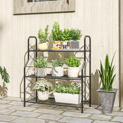 Outsunny Suporte para Plantas de 3 Níveis para Interior e Exterior Estante Metálica com Pés Ajustáveis e Alças Resistente e Estável para Vasos Jardim Varanda Preto