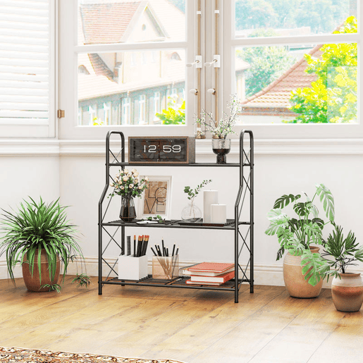 Outsunny Suporte para Plantas de 3 Níveis para Interior e Exterior Estante Metálica com Pés Ajustáveis e Alças Resistente e Estável para Vasos Jardim Varanda Preto