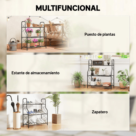 Outsunny Suporte para Plantas de 3 Níveis para Interior e Exterior Estante Metálica com Pés Ajustáveis e Alças Resistente e Estável para Vasos Jardim Varanda Preto