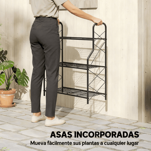 Outsunny Suporte para Plantas de 3 Níveis para Interior e Exterior Estante Metálica com Pés Ajustáveis e Alças Resistente e Estável para Vasos Jardim Varanda Preto