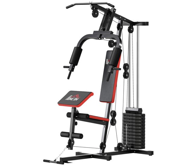 Homcom multiestación musculación, máquina de musculación con prensa de pecho, placas de peso 65 kg, curl de piernas y brazos, polea mariposa, carga 100 kg para entrenamiento casa gimnasio negro y rojo
