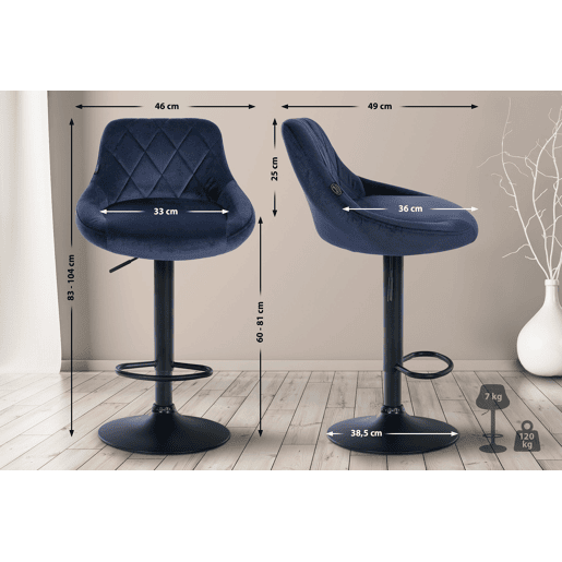 Conjunto de 2 banquetas de bar com costura decorativa em losango assento em veludo azul e estrutura em metal preto TDB10774