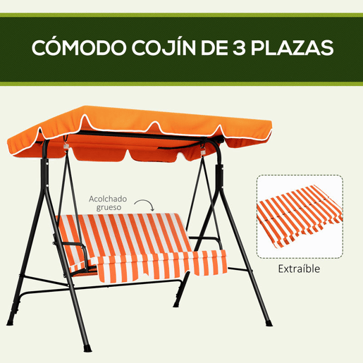 Outsunny Baloiço de Jardim Exterior de 3 Lugares, Baloiço de Jardim com Teto Ajustável e Estrutura de Aço, para Varanda, Terraço, Pátio, Suporta até 200 kg, 172x110x153 cm, Laranja Outsunny Baloiço de Jardim Exterior de 3 Lugares, Baloiço de Jardim com Teto Ajustável e Estrutura de Aço, para Varanda, Terraço, Pátio, Suporta até 200 kg, 172x110x153 cm, Laranja