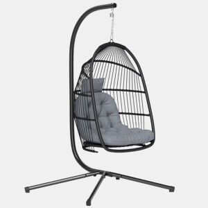 Outsunny Cadeira Suspensa Tipo Ovo com Estrutura Baloiço de Jardim Exterior com Cesta Dobrável Almofada Anti-UV e Apoio de Cabeça Removível para Interior e Exterior, Suporta 150 kg Cinzento Escuro