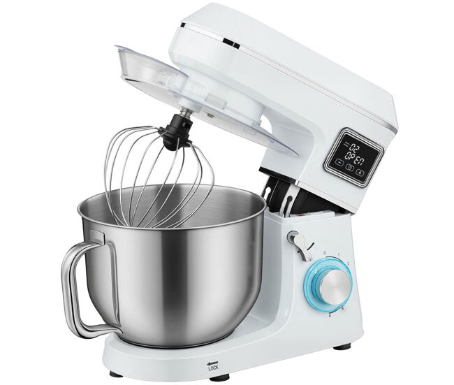 Homcom batidora amasadora 6l, amasadora de pan 1400w, 6 velocidades, led, fermentación, bol de acero inoxidable, batidor, gancho, varilla, protector contra salpicaduras, blanco