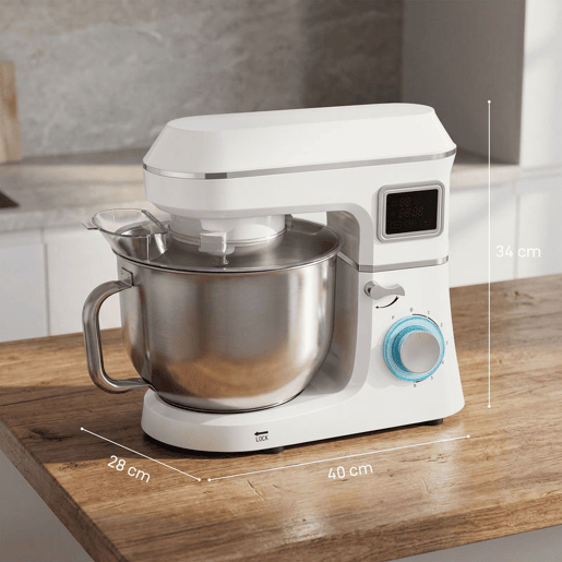 HOMCOM Batedeira Planetária 6L, 1400W, 6 Velocidades, LED, Fermentação, Taça de Aço Inoxidável, Batedor, Gancho, Vara, Protetor contra Salpicos, Branco