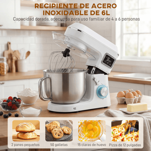 HOMCOM Batedeira Planetária 6L, 1400W, 6 Velocidades, LED, Fermentação, Taça de Aço Inoxidável, Batedor, Gancho, Vara, Protetor contra Salpicos, Branco
