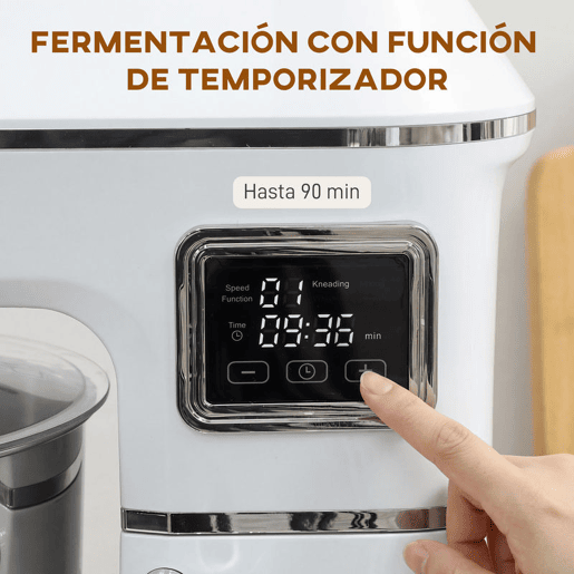 HOMCOM Batedeira Planetária 6L, 1400W, 6 Velocidades, LED, Fermentação, Taça de Aço Inoxidável, Batedor, Gancho, Vara, Protetor contra Salpicos, Branco