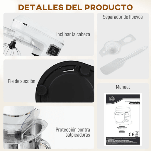 HOMCOM Batedeira Planetária 6L, 1400W, 6 Velocidades, LED, Fermentação, Taça de Aço Inoxidável, Batedor, Gancho, Vara, Protetor contra Salpicos, Branco