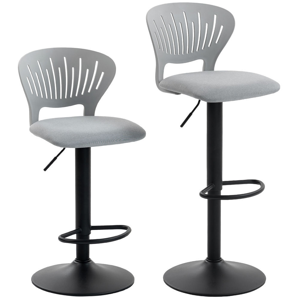 Homcom juego de 2 taburetes altos de cocina giratorios en 360°, taburetes de bar regulables en altura de 84-105 cm, respaldo hueco, reposapiés, para comedor, mostrador, gris