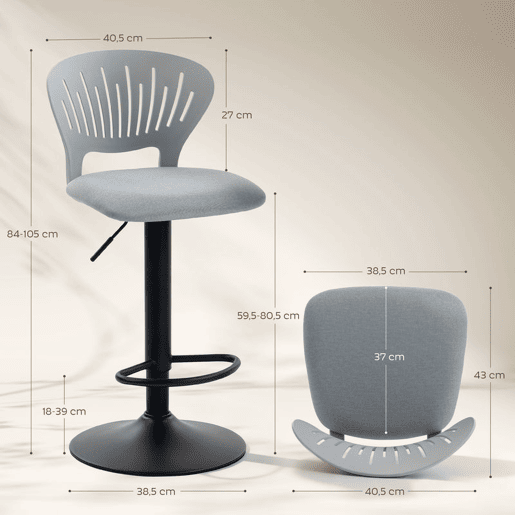 HOMCOM Conjunto de 2 Bancos Altos de Cozinha Giratórios a 360° Bancos de Bar Reguláveis em Altura de 84-105 cm Encosto Oco Apoio para os Pés para Sala de Jantar Balcão 40,5x43x84-105 cm Cinzento