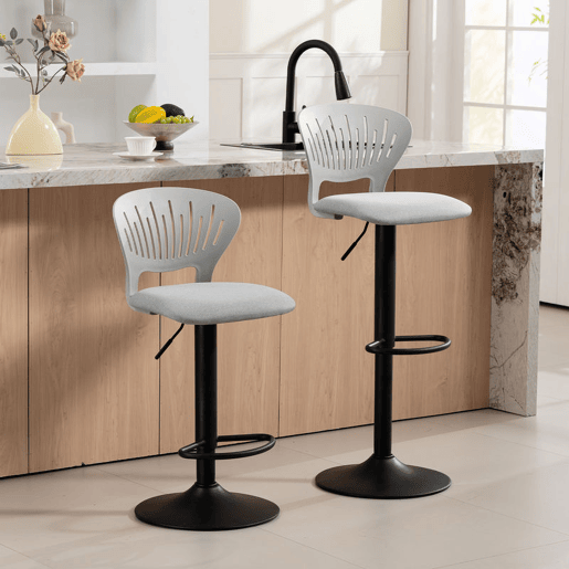 HOMCOM Conjunto de 2 Bancos Altos de Cozinha Giratórios a 360° Bancos de Bar Reguláveis em Altura de 84-105 cm Encosto Oco Apoio para os Pés para Sala de Jantar Balcão 40,5x43x84-105 cm Cinzento