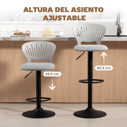 HOMCOM Conjunto de 2 Bancos Altos de Cozinha Giratórios a 360° Bancos de Bar Reguláveis em Altura de 84-105 cm Encosto Oco Apoio para os Pés para Sala de Jantar Balcão 40,5x43x84-105 cm Cinzento