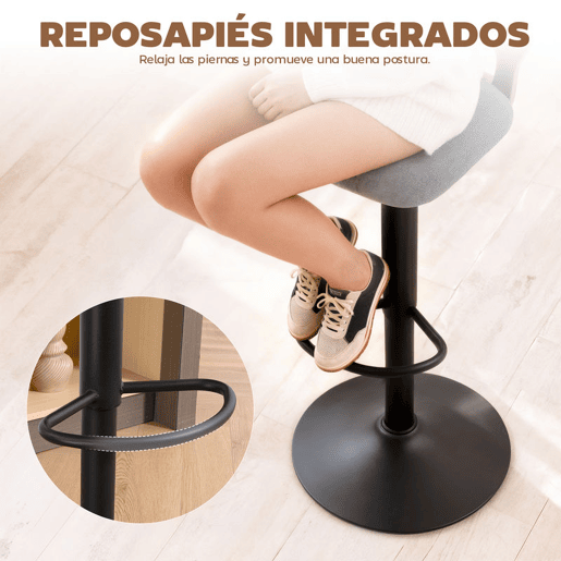 HOMCOM Conjunto de 2 Bancos Altos de Cozinha Giratórios a 360° Bancos de Bar Reguláveis em Altura de 84-105 cm Encosto Oco Apoio para os Pés para Sala de Jantar Balcão 40,5x43x84-105 cm Cinzento