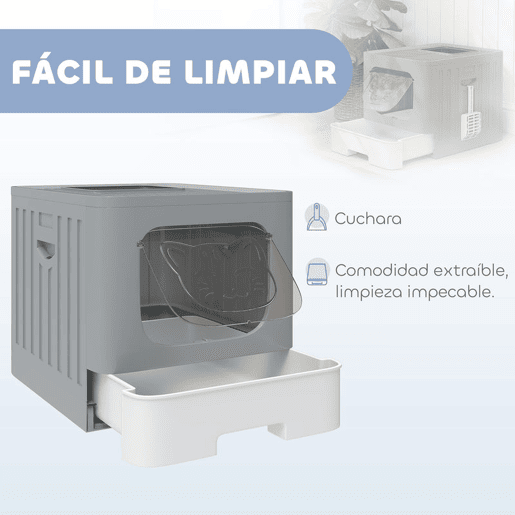 PawHut Caixa de Areia para Gatos, M, com Tampa em Grelha, Bandeja Deslizante, Pá, Gancho Lateral, Fácil de Limpar, Antivazamento, Controlo de Odores, Cinzento