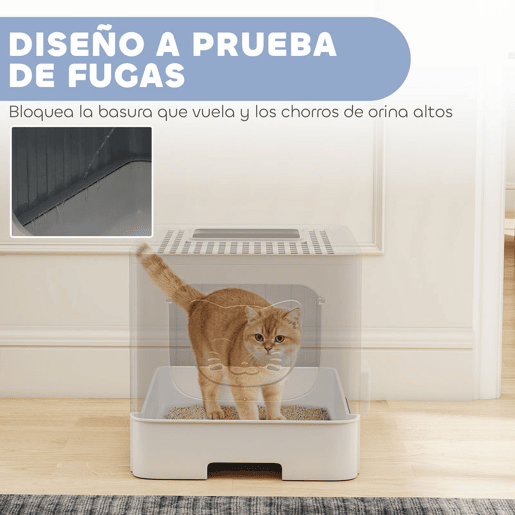 PawHut Caixa de Areia para Gatos, M, com Tampa em Grelha, Bandeja Deslizante, Pá, Gancho Lateral, Fácil de Limpar, Antivazamento, Controlo de Odores, Cinzento