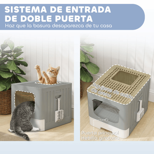 PawHut Caixa de Areia para Gatos, M, com Tampa em Grelha, Bandeja Deslizante, Pá, Gancho Lateral, Fácil de Limpar, Antivazamento, Controlo de Odores, Cinzento