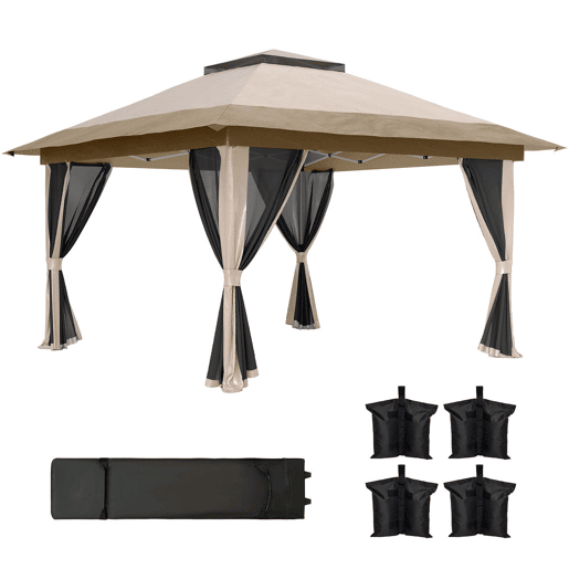 Outsunny Tenda Dobrável 3,6x3,6 m Tenda Dobrável com 4 Paredes Laterais de Rede Anti-UV Altura Ajustável Sacos de Areia e Bolsa de Transporte Bege