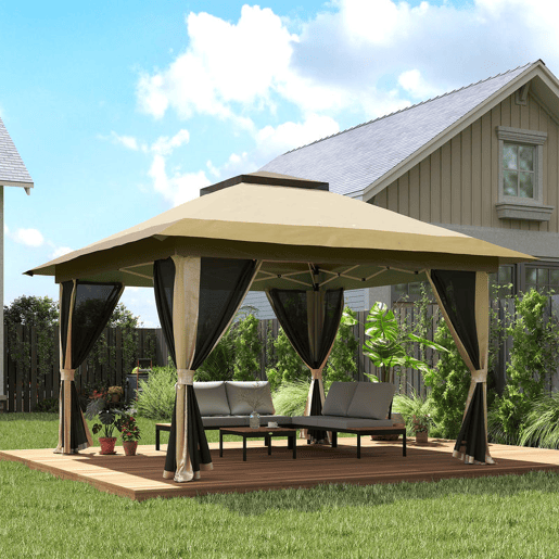 Outsunny Tenda Dobrável 3,6x3,6 m Tenda Dobrável com 4 Paredes Laterais de Rede Anti-UV Altura Ajustável Sacos de Areia e Bolsa de Transporte Bege