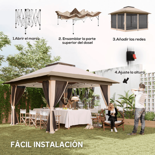 Outsunny Tenda Dobrável 3,6x3,6 m Tenda Dobrável com 4 Paredes Laterais de Rede Anti-UV Altura Ajustável Sacos de Areia e Bolsa de Transporte Bege