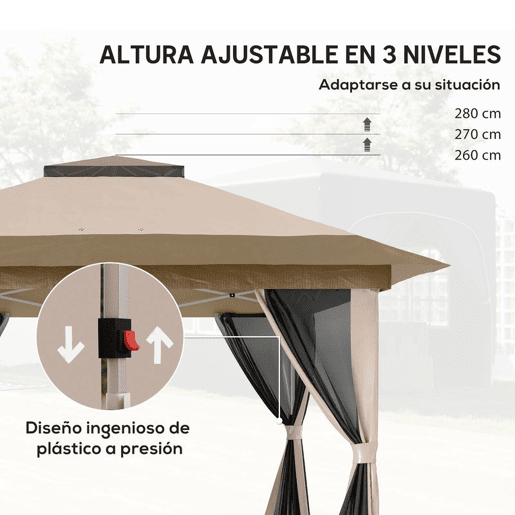 Outsunny Tenda Dobrável 3,6x3,6 m Tenda Dobrável com 4 Paredes Laterais de Rede Anti-UV Altura Ajustável Sacos de Areia e Bolsa de Transporte Bege