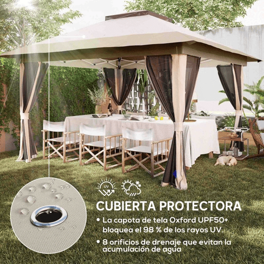 Outsunny Tenda Dobrável 3,6x3,6 m Tenda Dobrável com 4 Paredes Laterais de Rede Anti-UV Altura Ajustável Sacos de Areia e Bolsa de Transporte Bege