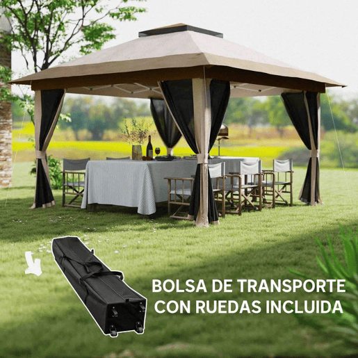 Outsunny Tenda Dobrável 3,6x3,6 m Tenda Dobrável com 4 Paredes Laterais de Rede Anti-UV Altura Ajustável Sacos de Areia e Bolsa de Transporte Bege