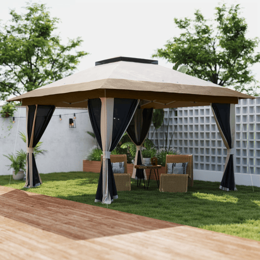 Outsunny Tenda Dobrável 3,6x3,6 m Tenda Dobrável com 4 Paredes Laterais de Rede Anti-UV Altura Ajustável Sacos de Areia e Bolsa de Transporte Bege