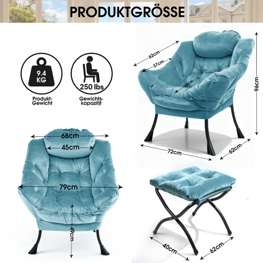 Poltrona com apoio para os pés 72x72 cm - Relax com braços, bolso lateral e apoio para os pés - Azul