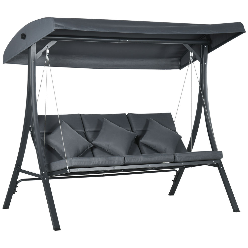 Outsunny columpio de jardín exterior de 3 plazas, balancín de jardín exterior con techo ajustable cojines, almohadas y estructura de acero, para terraza, patio, carga 320 kg, 202x115x168 cm, gris
