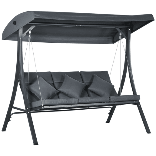 Outsunny Baloiço de Jardim de 3 Lugares com Toldo Ajustável, Almofadas, Estrutura de Aço, Ideal para Terraço e Jardim, Capacidade de 320 kg, Cinzento (202x115x168 cm)