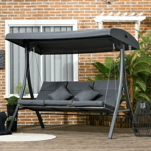Outsunny Baloiço de Jardim de 3 Lugares com Toldo Ajustável, Almofadas, Estrutura de Aço, Ideal para Terraço e Jardim, Capacidade de 320 kg, Cinzento (202x115x168 cm)