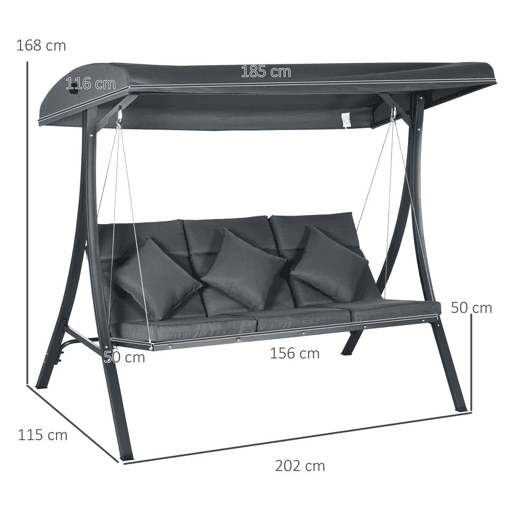 Outsunny Baloiço de Jardim de 3 Lugares com Toldo Ajustável, Almofadas, Estrutura de Aço, Ideal para Terraço e Jardim, Capacidade de 320 kg, Cinzento (202x115x168 cm)