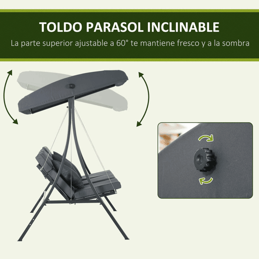 Outsunny Baloiço de Jardim de 3 Lugares com Toldo Ajustável, Almofadas, Estrutura de Aço, Ideal para Terraço e Jardim, Capacidade de 320 kg, Cinzento (202x115x168 cm)